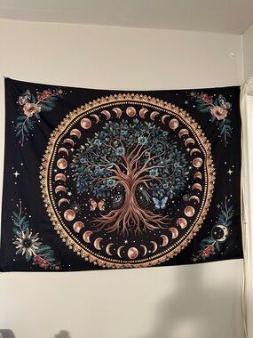 Mystic Tree of Life Wall Tapestry - Black with Teal & Copper Accents